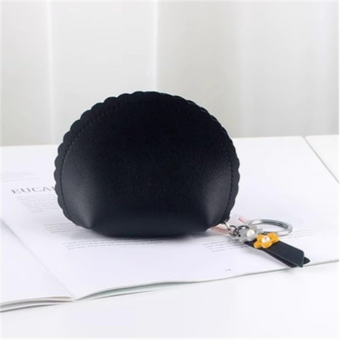 Digital Shoppy coin key case – compact faux leather purse with yellow, white, and gray flower embellishments and keychain ring

