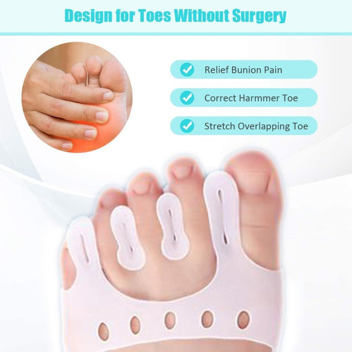 Toe separator shown relieving bunion pain, hammer toe, and overlapping toe with “Design for Toes Without Surgery” banner