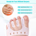 Toe separator shown relieving bunion pain, hammer toe, and overlapping toe with “Design for Toes Without Surgery” banner