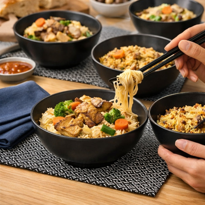 IKEA Dining Set: 4-Pack FÄRGKLAR Matt Dark Grey Bowls, GODDAG Placemats & SNÖKRABBA Napkins