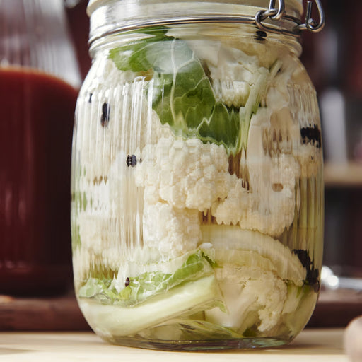Side view of IKEA KÖSSEBÄR clear jar with airtight lid, 1-liter size