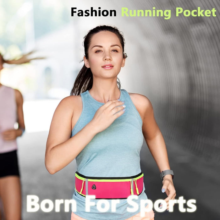 Waterproof running belt – pink worn by jogger, shown in outdoor tunnel setting with “Born for Sports” text