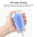 Hand holding a bottle cleaning brush with blue bristles and text about cleaning bottles.
