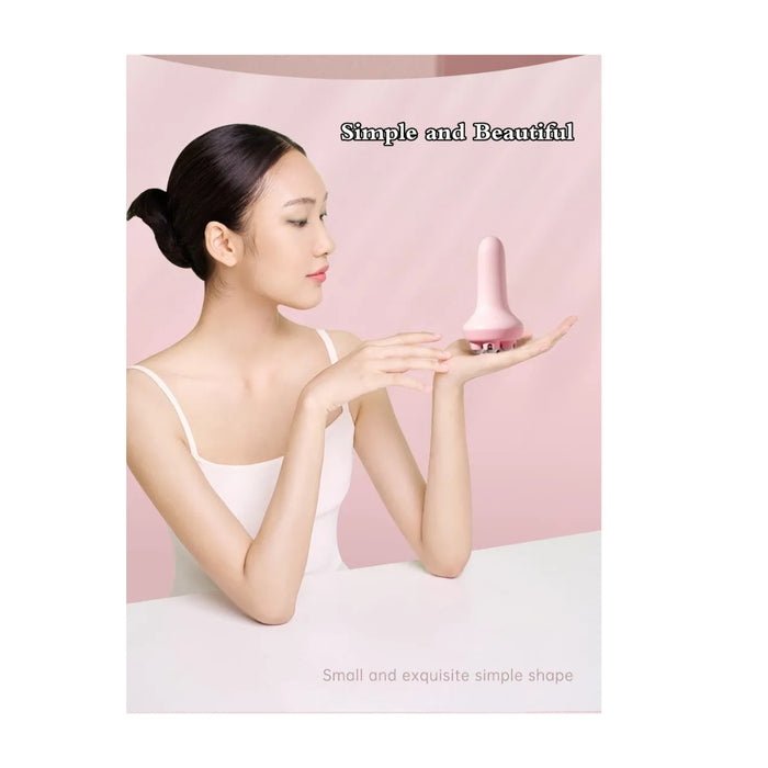 Woman holding a small pink device against a pink background with text 'Simple and Beautiful'.