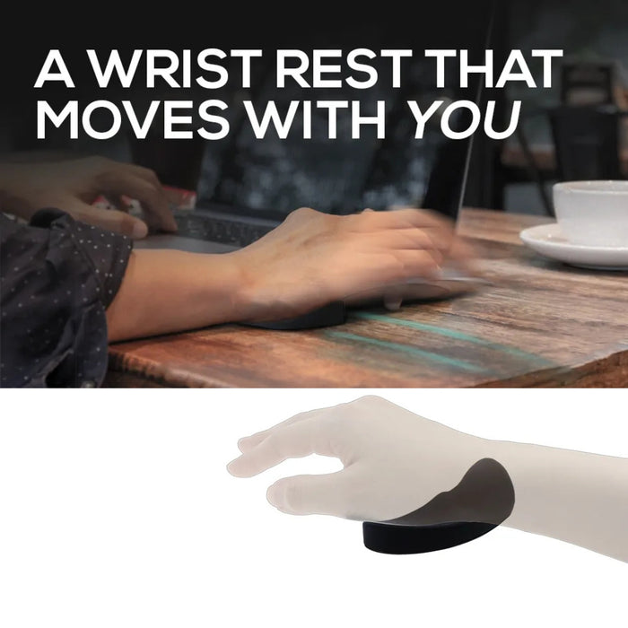 Person typing on laptop with wrist supported by black wrist rest – ergonomic pad designed to move with wrist for office or gaming use – 1598452347809 13936001