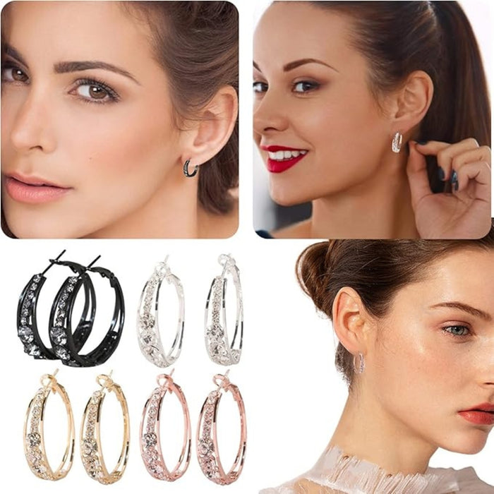 Digital Shoppy European And American Air Drill Mosaic Women's Earrings, collage showing models and eight hoop styles in black, silver, gold, rose gold