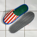 IKEA SKOGSSALLAT Slippers, red/white striped, L/XL, featuring a bold fabric design with a soft green inner lining and blue trim. The textured gray rubber sole has a wavy pattern for enhanced grip and durability.-90596053