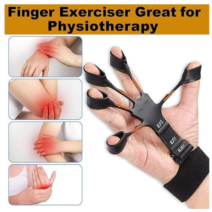 Finger exerciser with a hand using it, shown against a white background.