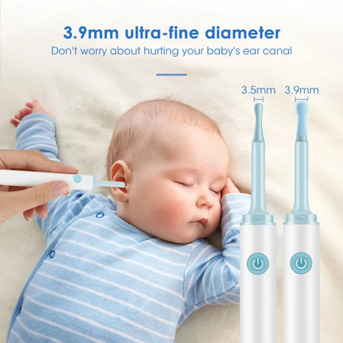Close-up of a baby lying down while an adult uses the Digital Shoppy Wi-Fi visual ear scoop to clean the child’s ear—product graphic highlights the 3.9mm ultra-fine diameter tip, emphasizing gentle care for delicate baby ear canals; comparison with 3.5mm version shown on the right—text overlay reads “Don’t worry about hurting your baby’s ear canal” – 1598453325969 12862661.