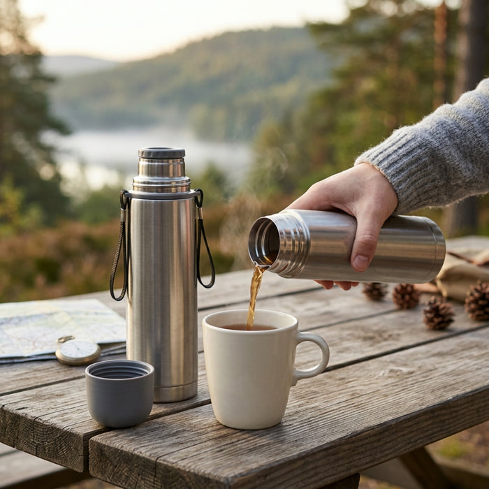 IKEA Beverage Set - PINCETTFISK Stainless Steel Vacuum Flask (0.5L, Silver) & FÄRGKLAR Glossy Beige Mugs (4-Pack, 37cl)