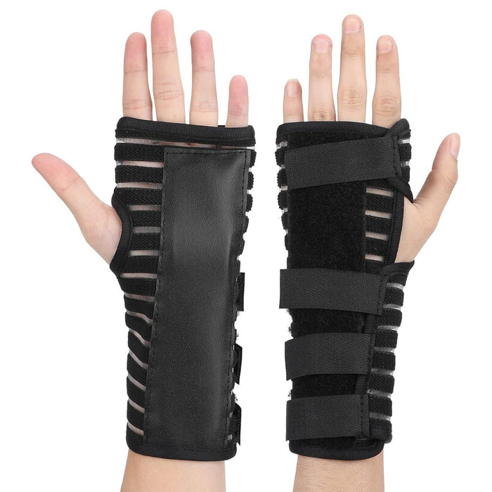 Digital Shoppy pair of black wrist braces worn on both hands showing adjustable Velcro straps and ergonomic fit