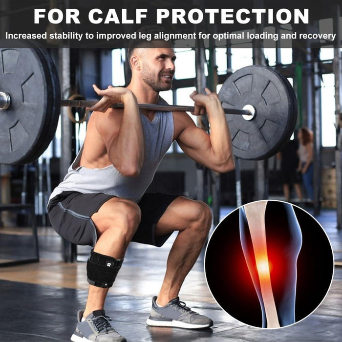  Gym scene with man performing front squat wearing calf brace, inset showing red-highlighted calf pain relief zone
