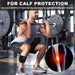  Gym scene with man performing front squat wearing calf brace, inset showing red-highlighted calf pain relief zone