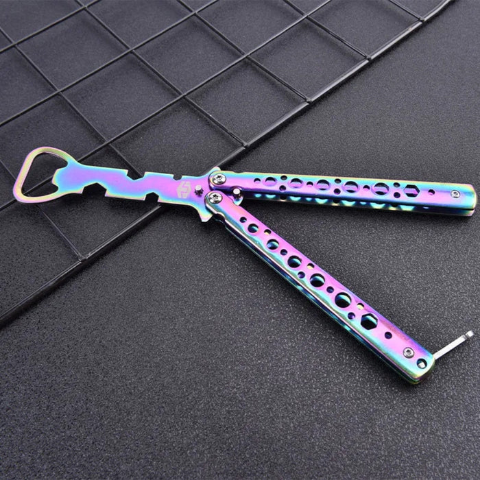 Multicolored tool with bottle opener on a dark grid background