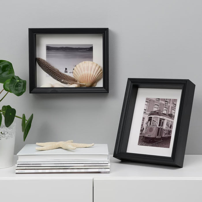 Two black-framed pictures on a wall with a plant and books below.