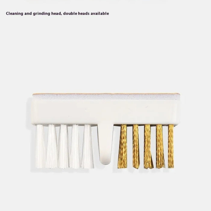 Dual head nail brush – white and gold bristles shown with “cleaning and grinding head” label