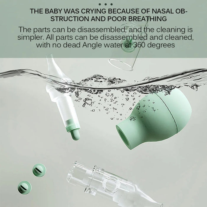 Disassembled green nasal aspirator submerged in water, showcasing easy-to-clean parts and 360° washability