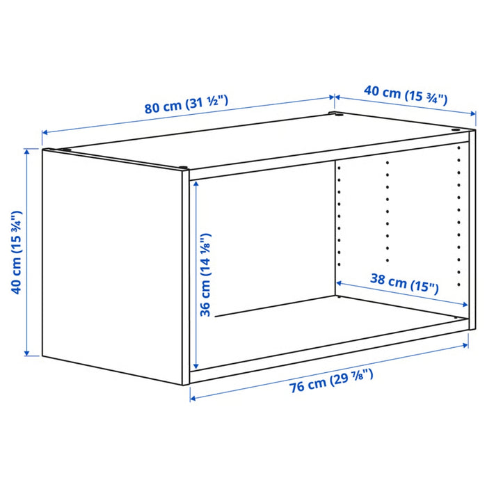 Technical drawing of IKEA PLATSA frame with labeled dimensions: 80x40x40 cm outer, 76x38x36 cm internal capacity