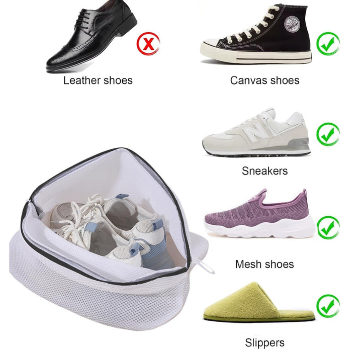 Digital Shoppy laundry bag – shoe compatibility chart showing suitable types: canvas, sneakers, mesh, slippers