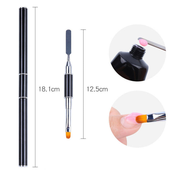 Nail art tool with dimensions and usage examples on a white background