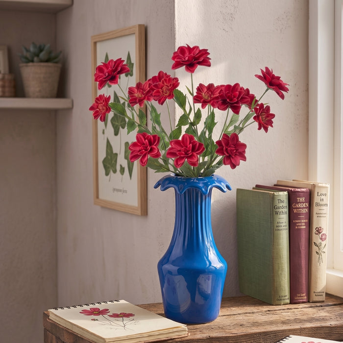 IKEA SMYCKA Artificial Flower Dahlia Dark Pink 66 cm with KARISMATISK Vase Blue 23 cm — Bold Floral Décor Combo