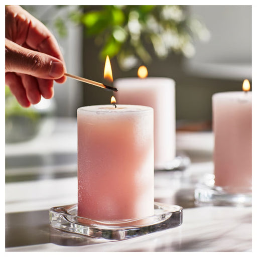 IKEA LUGNARE Scented pillar candle, Jasmine/pink, 30 hr, hand lighting candle on glass holder with soft daylight – 90502139