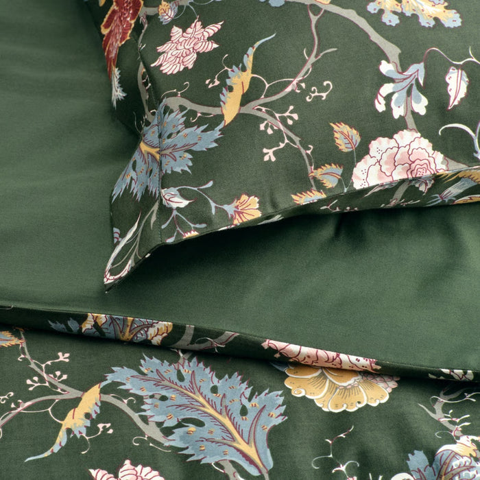 Floral patterned bedding set on a green background