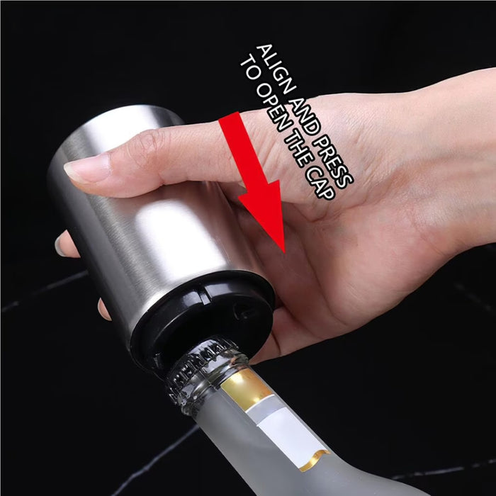 vacuum wine stoppers and bottle opener set displayed on dark surface