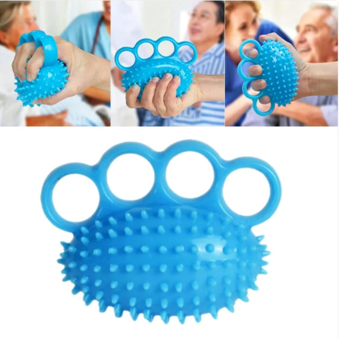 Blue hand exerciser with textured surface, shown in use by people.