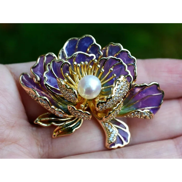 Digital Shoppy Purple Peony Brooch – Chinese Pearl Ornament for Women
