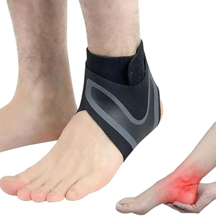 Black and gray ankle support brace worn on left foot – inset highlights red pain zone, indicating use for injury relief and joint stabilization – 1600007421318 13974240

