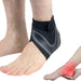 Black and gray ankle support brace worn on left foot – inset highlights red pain zone, indicating use for injury relief and joint stabilization – 1600007421318 13974240
