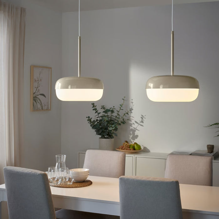 IKEA BLÅSVERK Pendant lamp, beige, 37 cm (15 "), twin lamps suspended over rectangular dining setup - 10520905