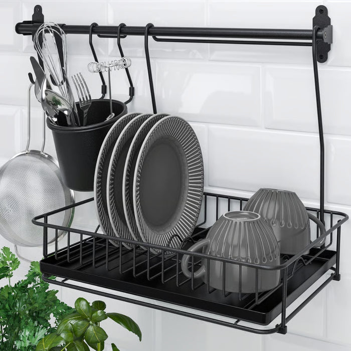 IKEA HULTARP Rail 60 cm (23 ½ ") with Container, black,14x16 cm (5 1/2x6 1/4 ") and Dish drainer, black