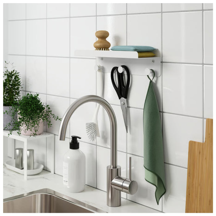 Ikea ENUDDEN Wall Shelf with 3 Hooks, White, 30x8 cm, with TÄRNESTAD Oak Knob, 17 mm, 2 Pack