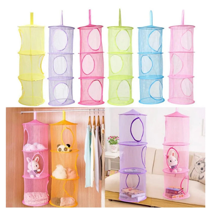 Set of colorful mesh hanging organizers with various items inside, shown on a white background.