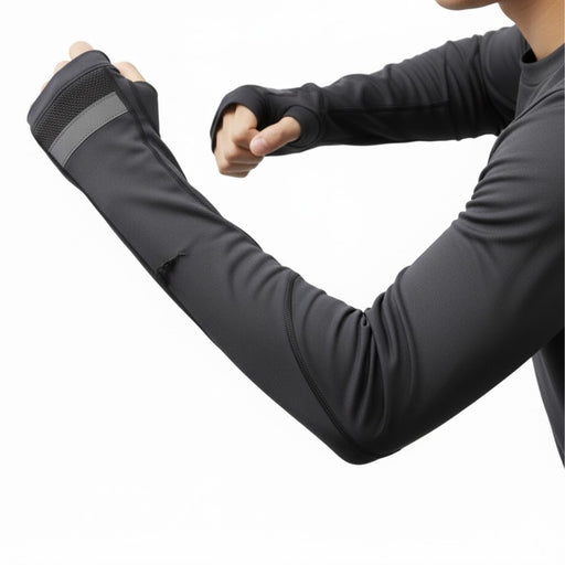 Driver wearing black arm guards with mesh texture and thumb loops, seated in a Tesla for sun-safe driving comfort