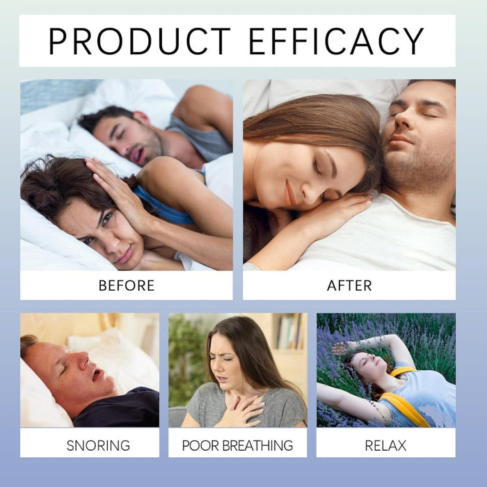 Before-and-after comparison showing snoring relief and improved sleep quality with adhesive mouth tape