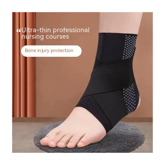 Black ankle support brace on a foot with text about bone injury protection.