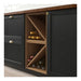 Black kitchen cabinet with wooden wine rack containing bottles.