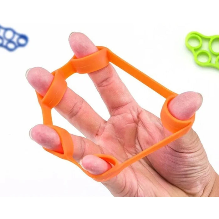Hand using an orange finger exerciser with a white background
