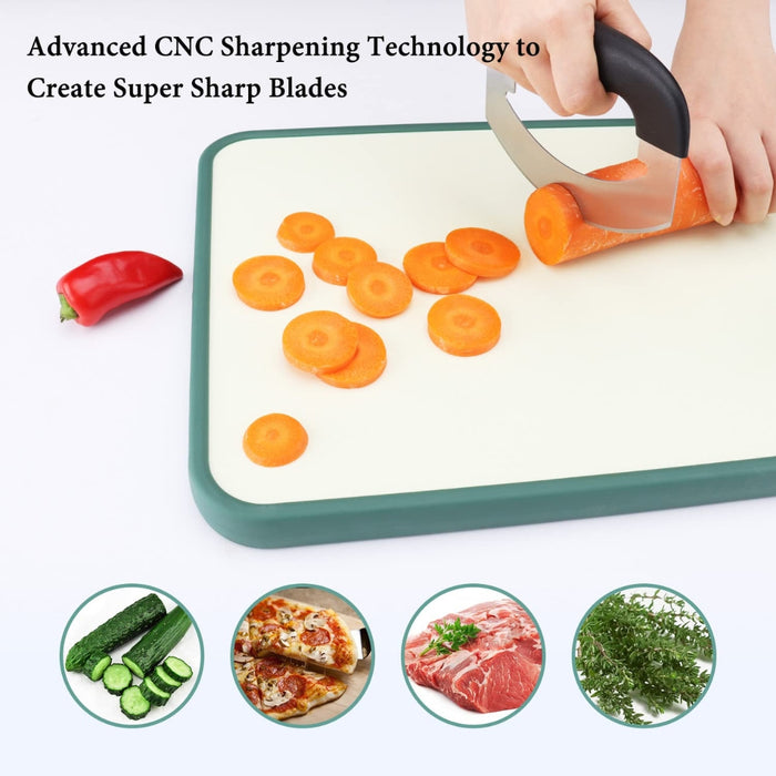 Knife cutting carrots on a cutting board with text about CNC sharpening technology, surrounded by food images.
