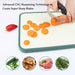 Knife cutting carrots on a cutting board with text about CNC sharpening technology, surrounded by food images.