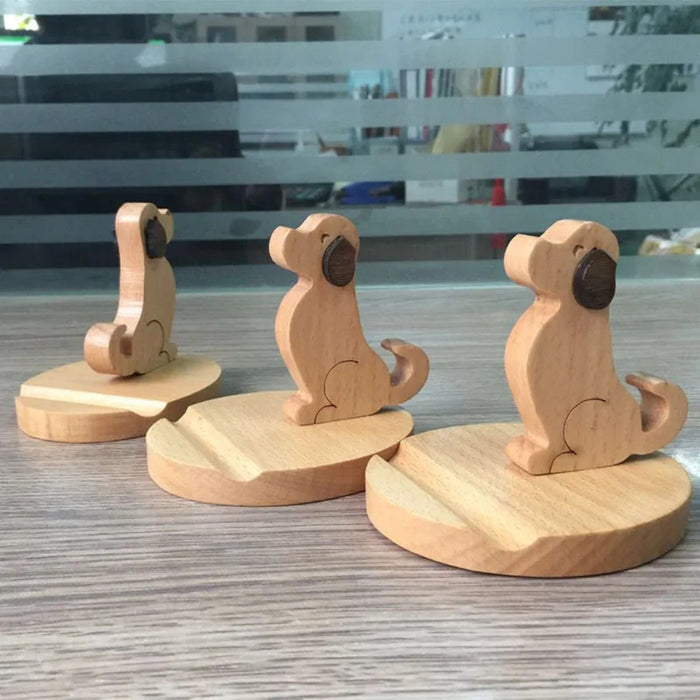 Digital Shoppy Wooden Phone Bracket, cartoon puppy design in light wood with darker ear and nose accents