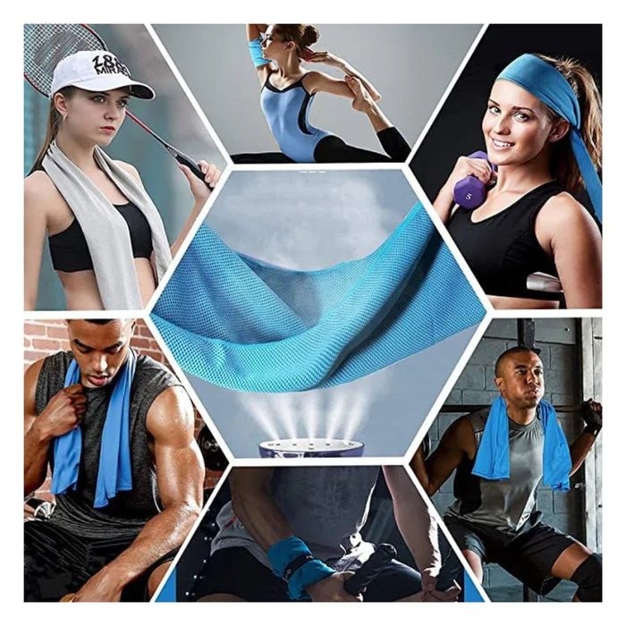 Collage of people using a blue sports towel in various settings