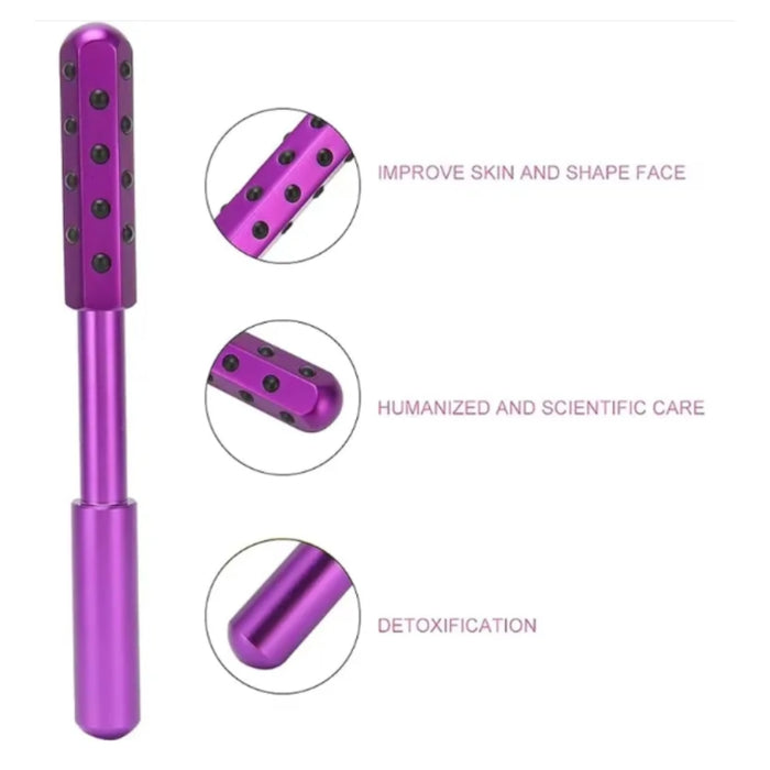 Purple facial massager with text on benefits on a white background