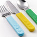 IKEA SMASKA 3-piece cutlery set in mixed colours; includes child-friendly fork (blue handle), knife (yellow handle), and spoon (green handle) – each with embossed triple-flower grip for safe and playful mealtime - 70596940