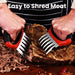 Meat Shredding Claws – Anti-scald, heat-resistant, red grip claws in use shredding cooked meat on wooden surface -
