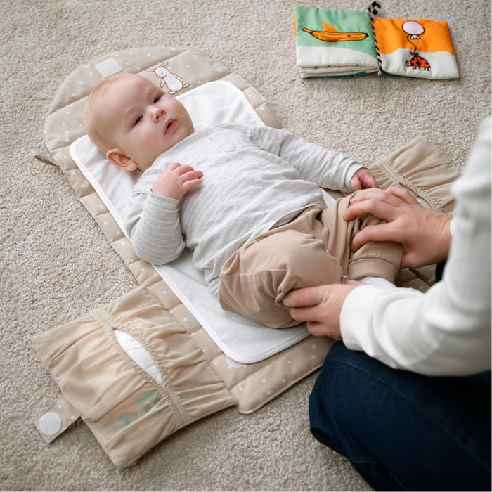 IKEA LEN Babycare mat, beige/dot pattern foldable, 70x35 cm (27 1/2x13 3/4 ") with VIKFJÄRD Washcloth, white, 30x30 cm