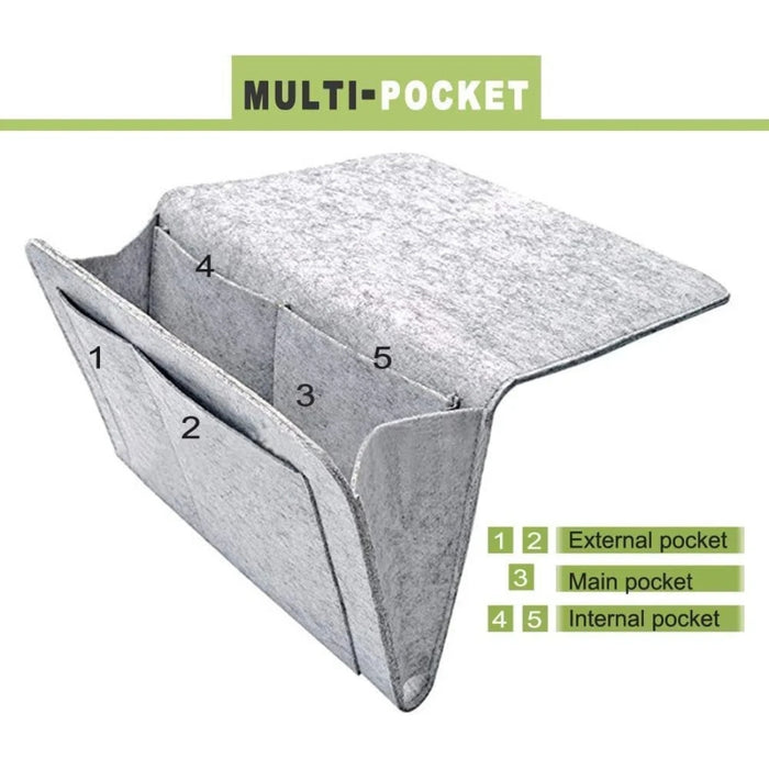 Gray multi-pocket organizer with labeled compartments on a white background